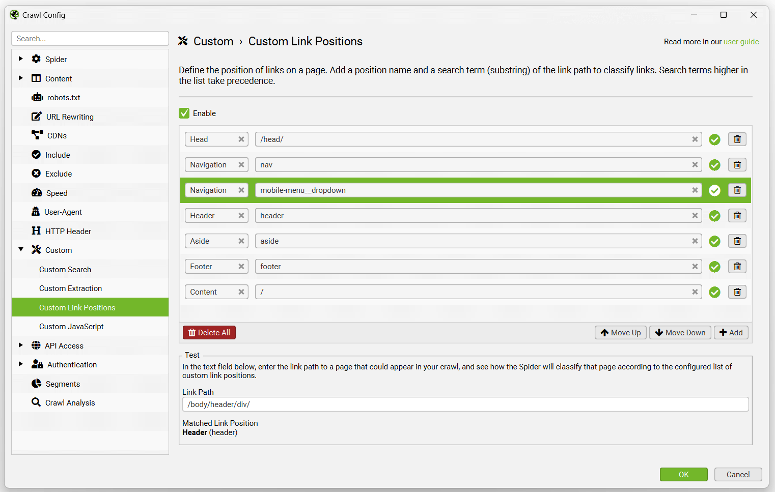 Custom Link Positions Config Adjusted